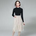 Set: Plain Sweater + Ruffle Midi Accordion Pleat Skirt Set - Sweater - Black & Skir - Almond - One Size