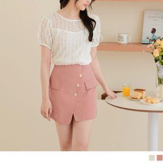 Mid-rise Asymmetrical Button-up Mini A-line Skirt