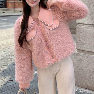 Faux Pearl Trim Collared Fluffy Zip Jacket