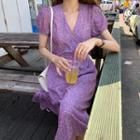 Short-sleeve Floral Midi A-line Dress Purple - One Size