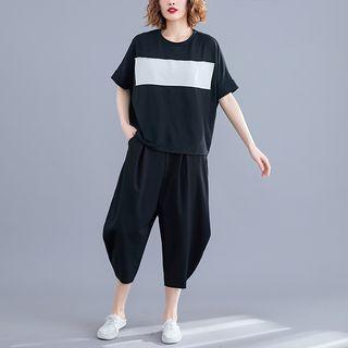 Set: Short-sleeve Color Block Top + Harem Pants