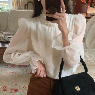 Puff-sleeve Mock-neck Beaded Blouse White - One Size
