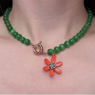 Flower Pendant Bead Necklace Orange Floral - Green - One Size