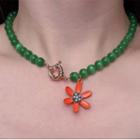 Flower Pendant Bead Necklace Orange Floral - Green - One Size