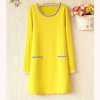 Beaded-trim Scalloped-hem Shift Dress