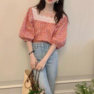 Puff-sleeve Floral Lace Panel Blouse Floral - Red - One Size