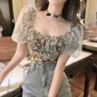 Puff-sleeve Mesh Panel Floral Cropped Blouse