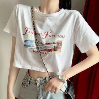Short-sleeve Print Crop T-shirt White - One Size