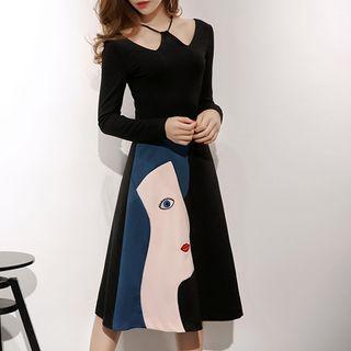 Set: Halter Long-sleeve Top + Applique Skirt
