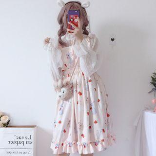 Long-sleeve Mock-neck Frill Trim Blouse / Rabbit Print A-line Overall Dress