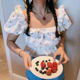 Puff-sleeve Eyelet Trim Floral Print Blouse