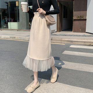 Mesh Panel A-line Woolen Skirt