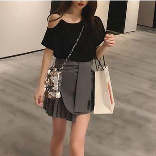 Short-sleeve Plain Off-shoulder Loose-fit Top/plain High-waist Asymmetric Mini Skirt