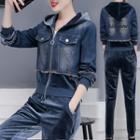 Set: Velvet Panel Zip Hooded Denim Jacket + Sweatpants