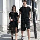 Couple Matching Short-sleeve T-shirt / Shorts / Mesh Overlay A-line Midi Tiered Dress