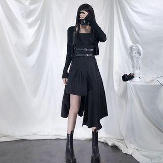 Irregular Hem Spaghetti Strap Midi A-line Dress / Body Harness Belt