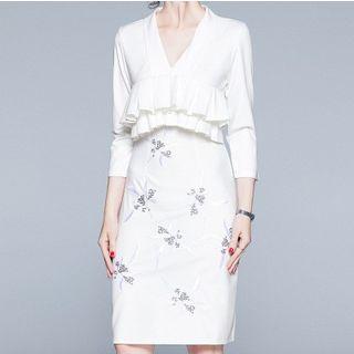 Ruffle Embroidered 3/4-sleeve Sheath Dress