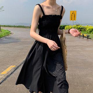 Sleeveless Frill Trim Cutout A-line Midi Dress Black - One Size