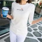 3/4-sleeve Embroidered Ribbed T-shirt