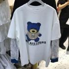 Mock Two-piece Lace Panel Bear Print Long-sleeve T-shirt