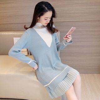 Pleated-hem Mock Neck Knit Dress