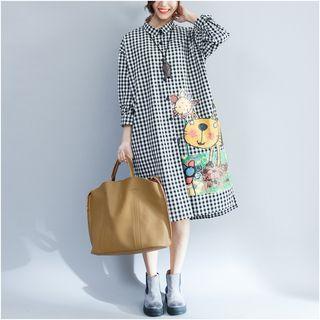 Long-sleeve Printed Gingham Shirtdress