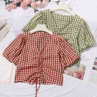 Checked Drawstring Short-sleeve Blouse