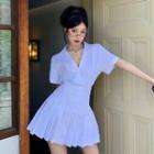 Elbow-sleeve Pleated Mini A-line Dress