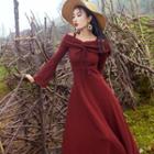 Knit Strapped Cold-shoulder Long-sleeve Midi A-line Dress