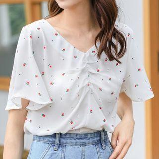 Bell-sleeve V-neck Floral Print Blouse
