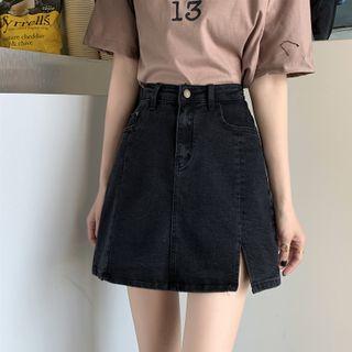 Slit Denim A-line Mini Skirt