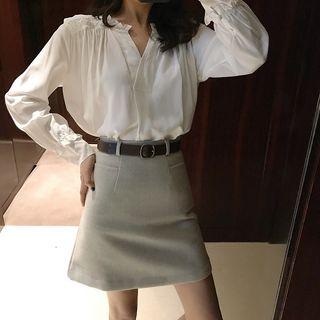 Long-sleeve Blouse / Woolen A-line Skirt