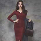 V-neck Long-sleeve Ruched Sheath Dress