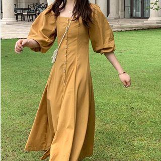 Square-neck Lace-up Midi Dress Curcumin - One Size