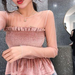 Mesh Panel Long-sleeve Smocked Top