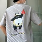 Elbow-sleeve Panda Print Lettering T-shirt