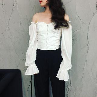 Long-sleeve Off-shoulder Buttoned Top