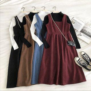 Set:plain Long-sleeve Top + Plain Square-neck Dress