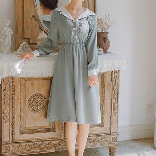 Collared Long-sleeve A-line Chiffon Dress