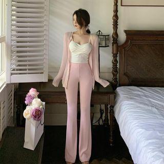 Plain Button-up Cardigan / Plain Tank Top / High-waist Plain Straight-cut Pants