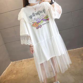 Long-sleeve Mesh Overlay T-shirt Dress