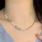 Bow Faux Pearl Stainless Steel Choker Necklace - Bow & Faux Pearl - Silver & White - One Size
