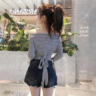 Off-shoulder Tie-back Long Sleeve Striped Top