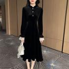 Long-sleeve Lace Cuff Velvet A-line Dress