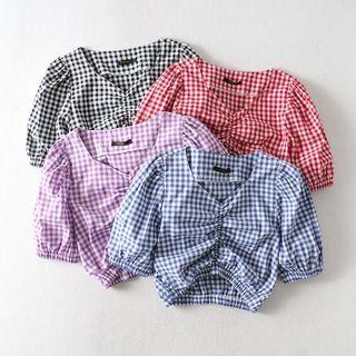 Gingham Shirred V-neck Short-sleeve Cropped Blouse