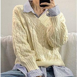 Long-sleeve Cable-knit Top Almond - One Size