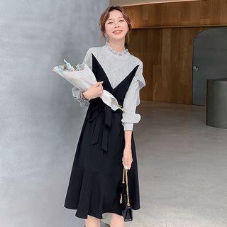 Long-sleeve Striped Two-tone A-line Dress