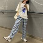 Cartoon Bear Print Shot-sleeve T-shirt / Plaid Straight-cut Pants