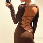 Open Back Lace-up Long-sleeve Midi Sheath Dress