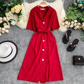 Single-breasted Short-sleeve Midi A-line Dress